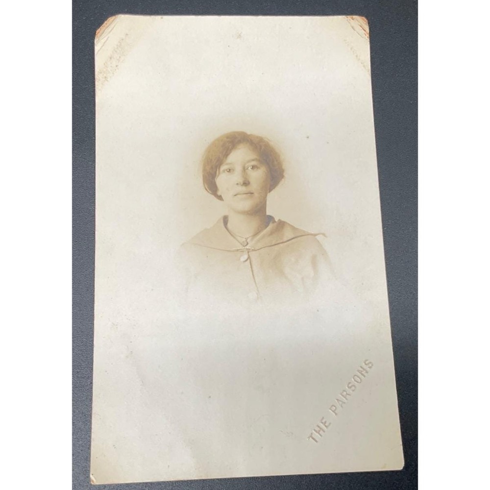 Antique RPPC Sepia Photo Postcard Woman Portrait 1900s Parsons Studio Locket